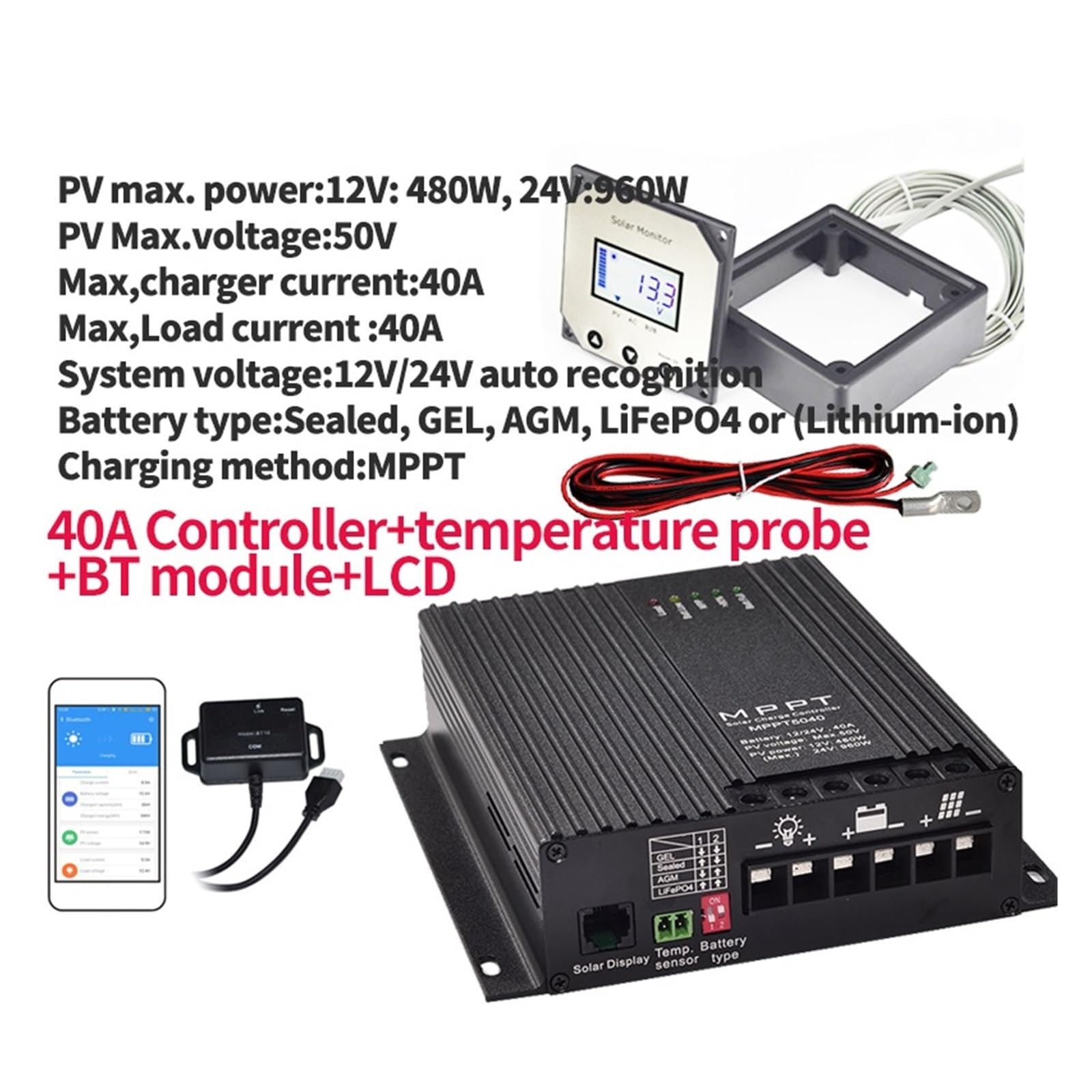 Kontroler 40A MPPT Ładowarka Słoneczna 12V 24V Obsługa Aplikacji Bluetooth LCD Automatyczny Regulator Panelu Słonecznego Do Domów Z Baterią Litową(40A BT LCD NTC)