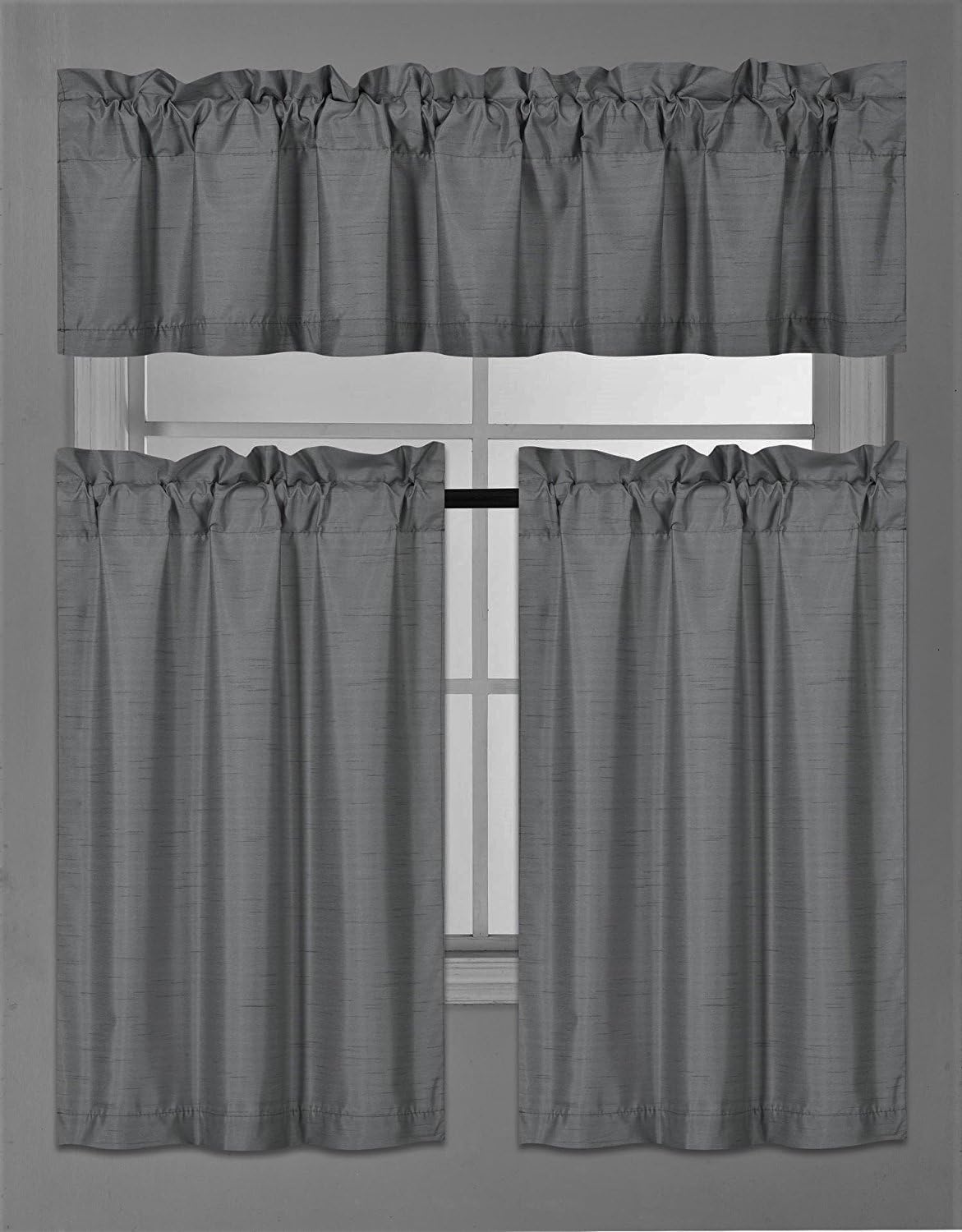 Fancy Collection 3 Piece Faux Silk Blackout Kitchen Curtain Set - Tier Curtains and Valance - Solid White - Thermal Backing - Assorted Colors