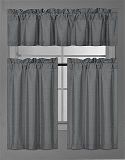 Fancy Collection 3 Piece Faux Silk Blackout Kitchen Curtain Set - Tier Curtains and Valance - Solid Dark Grey/Charcoal - Thermal Backing Drapes