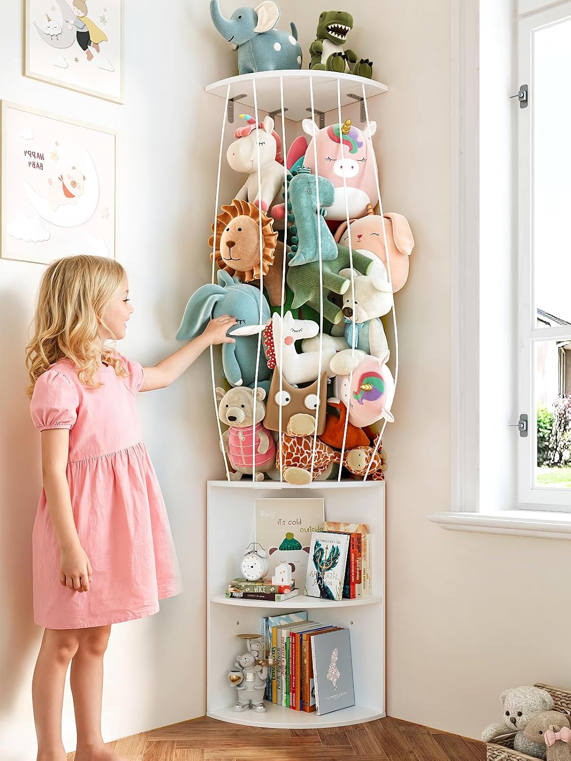 74.7" H Stuffed Animal Storage with 2-Tier Corner Bookshelf - Wall Mount Height Adjustable Plush Toy Organizer, Wooden Kids Bookshelf for Small Spaces Nursery Playroom Kids Room, White