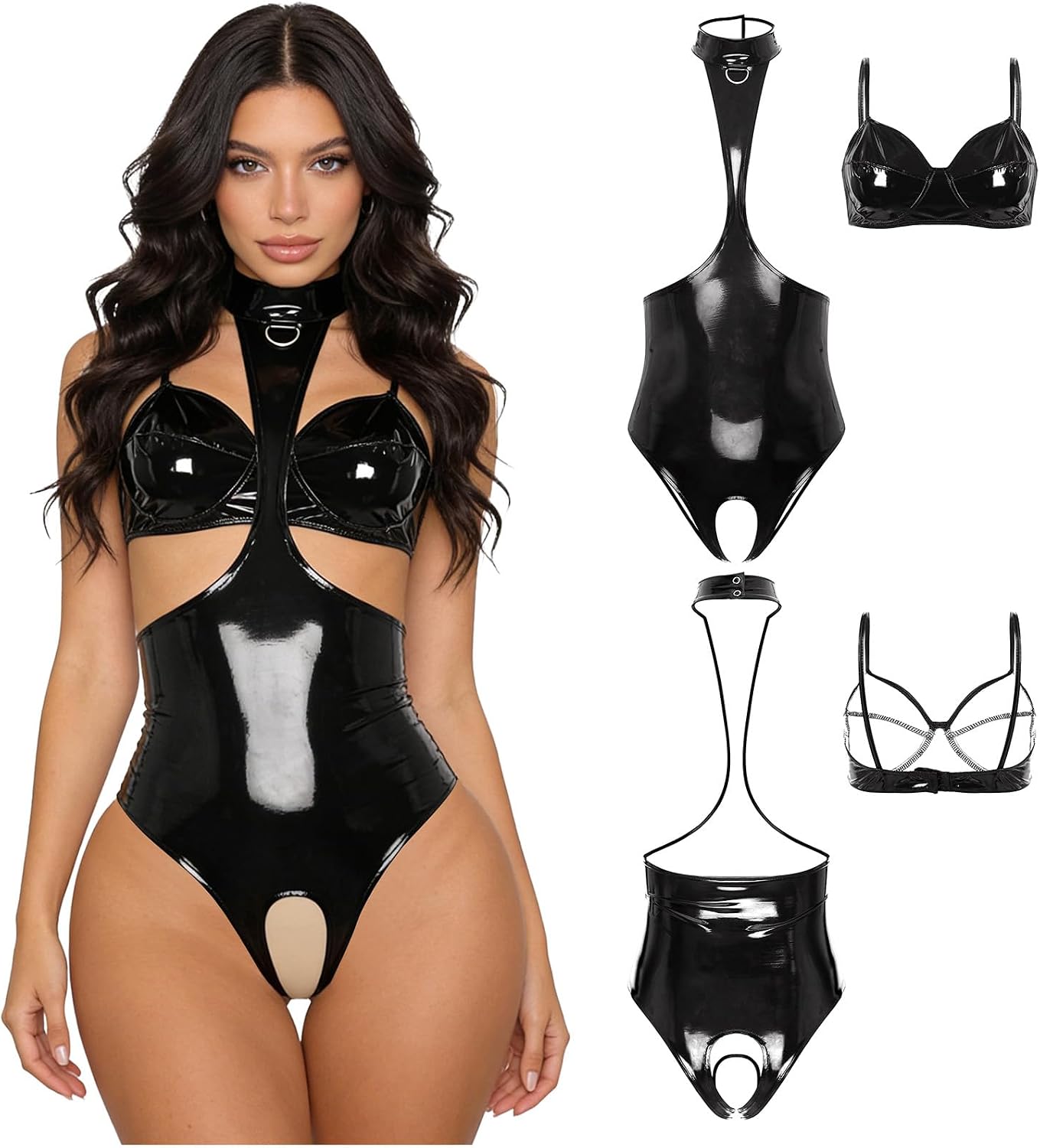 Agoky Women 2 Pcs Set Hollowing Out Pvc Wet Look Leather Latex Catsuit Nightwear Vinyl Stretchy Sleepwear