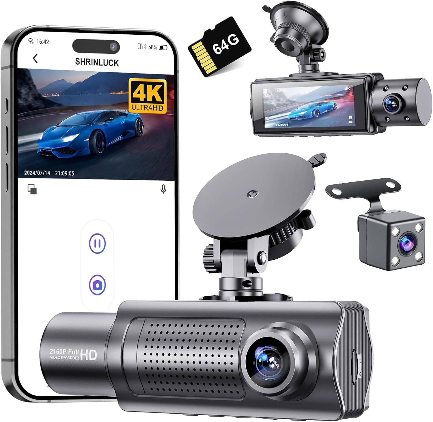4K Ultra HD Channel Dash Camera with 3.16inch Display,TripleChannel WiFi Dash Cam,Built-in WiFi, 24H Parking MonitorG-Sensor, ClearIR Night Vision, App Control