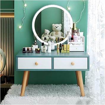 Dresser Compact Bedroom Cosmetics Bedside Table with 2 Drawers Double Tier Open Shelf Vanity Table Vanity Desk with LED Light Mirror for Floating Window Low Desk Desk Desk