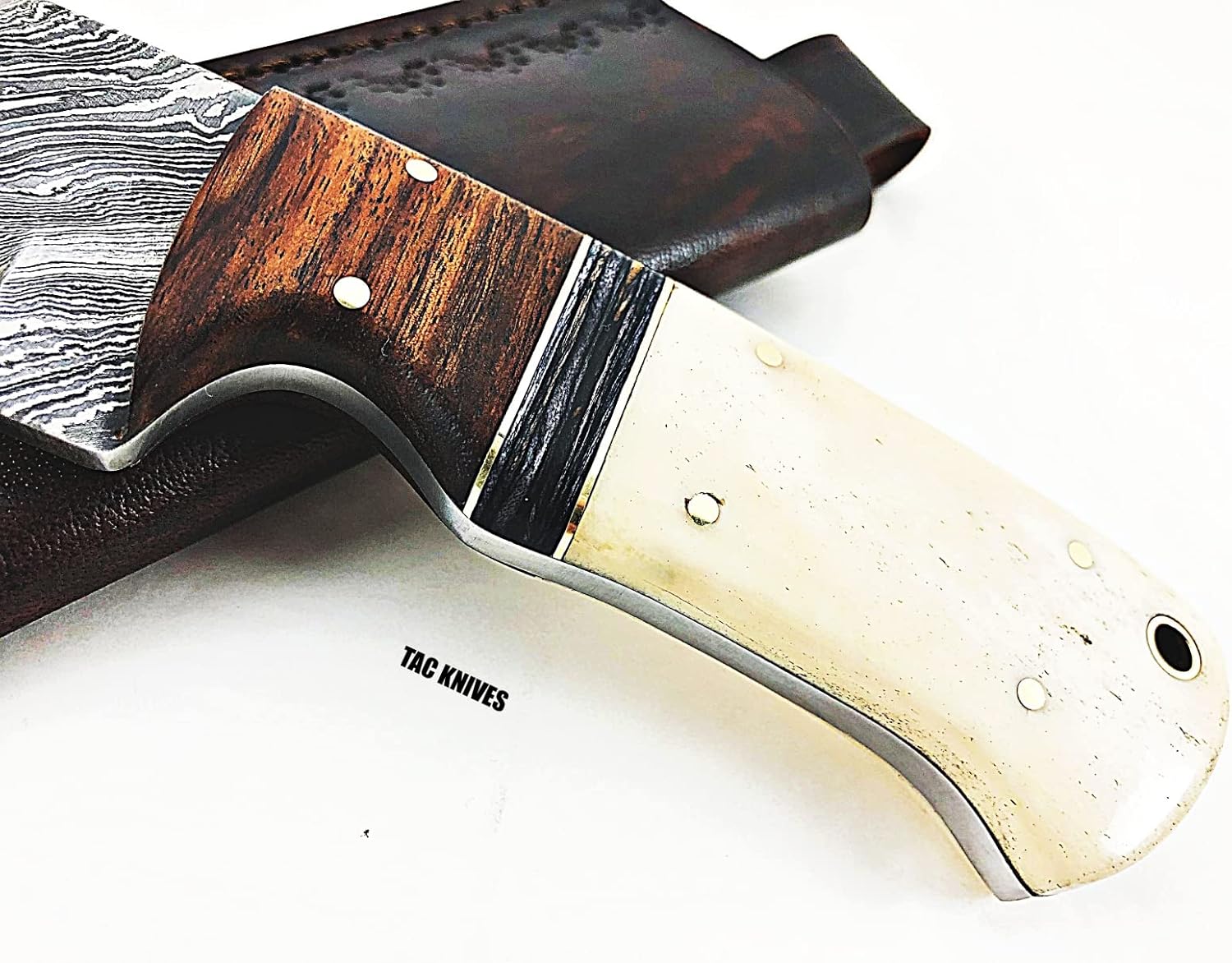 TAC KNIVES Custom Handmade Damascus Steel Knife - Beautiful | Camping, Survival knife for men - EDC Bushcraft Knife WITH LEATHR SHEATH (BONE)