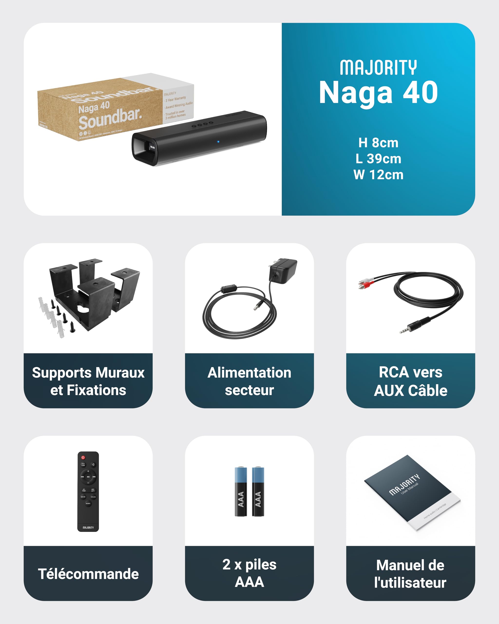 Majority Naga Barre de Son TV Bluetooth 80W 2.0 Enceinte Soundbar HDMI Arc AUX Optique
