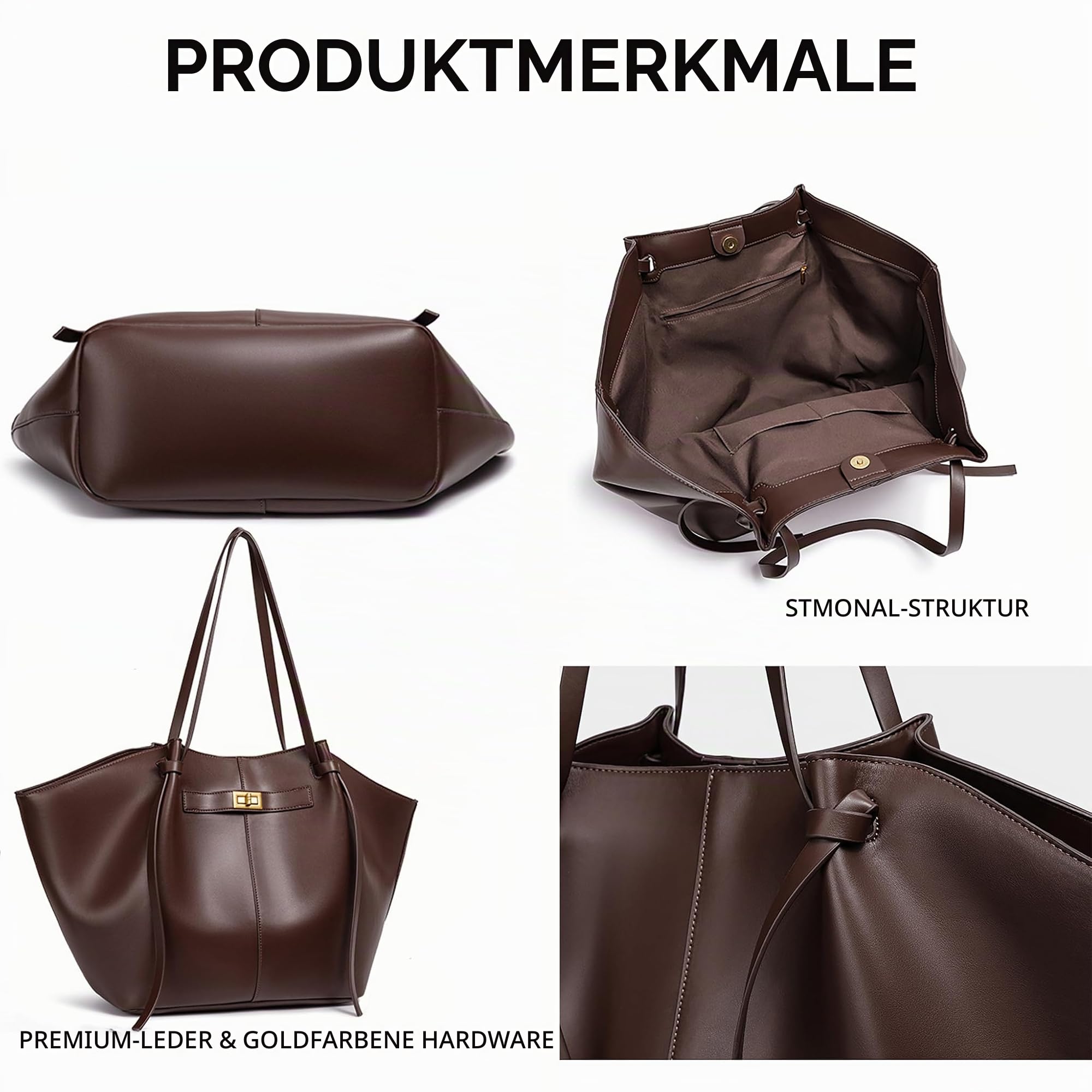Tote Bag Damen Groß, Shopper Tasche mit Abnehmbarem Schultergurt, Braune Handtasche Vintage, Ledertaschen für Arbeit, Schule, Uni, Reisen und Einkauf