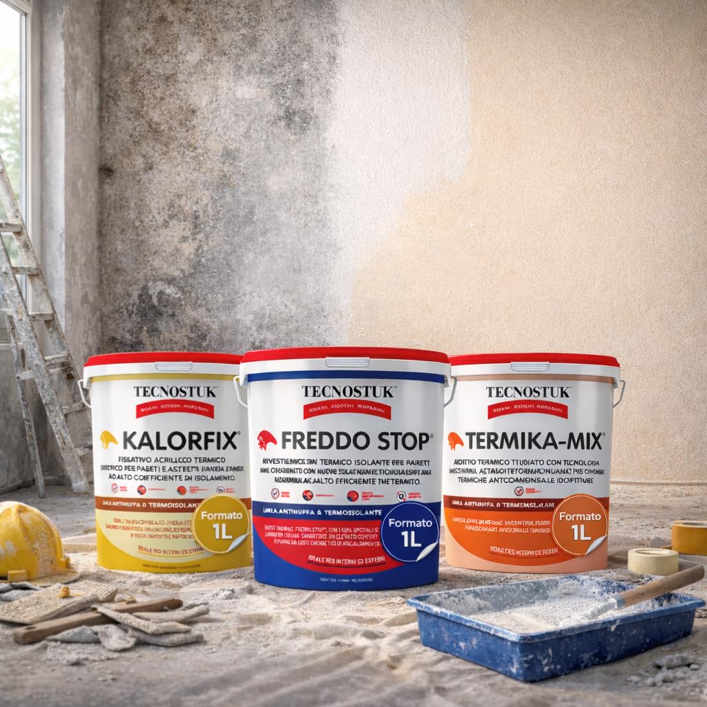 TECNOSTUK Trattamento Completo Per Muri Freddi E Umidi, Interni ed Esterni, Kalorfix 1L + Freddo Stop 1L + Termika-Mix 1L