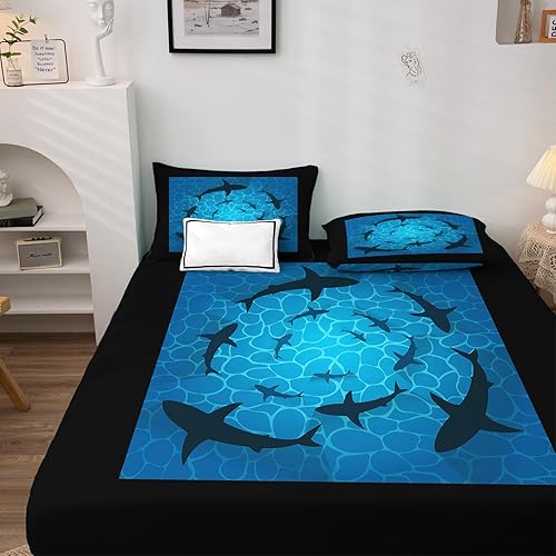 Miniatura 2 de Shark Sheets tamaño California King, sábanas para cama de mar, sábanas y fundas de almohada estampadas de 4 piezas, sábana bajera ajustable de