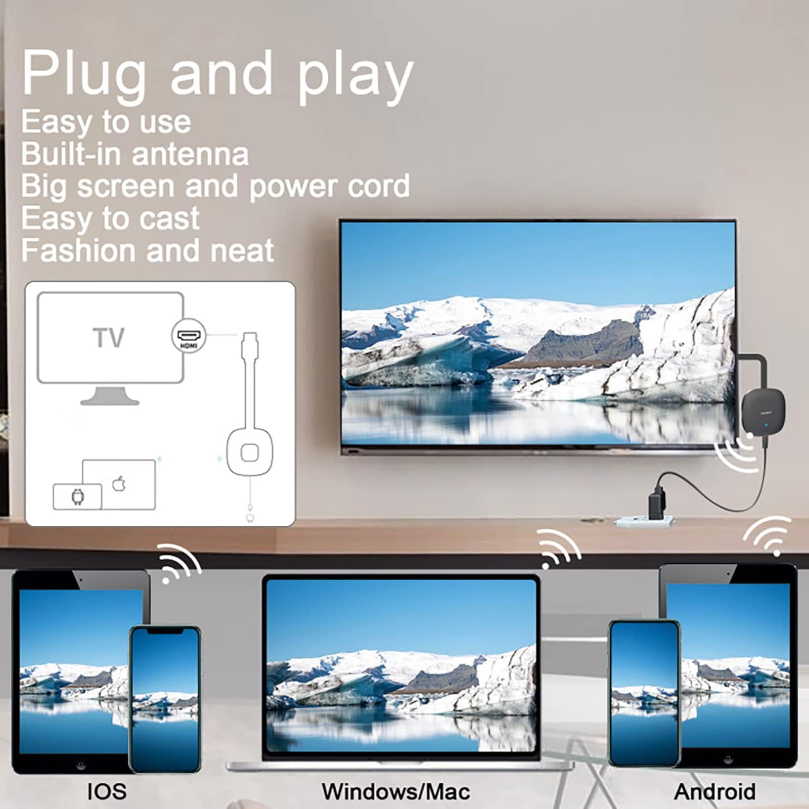 OBEST Wireless WiFi Display Dongle 4K,Adattatore Display HDMI,Dispositivo su Schermo WiFi HD 2.4G, Ricevitore di Streaming Video per Android/iOS/Windows/Mac/TV/Monitor/Proiettore