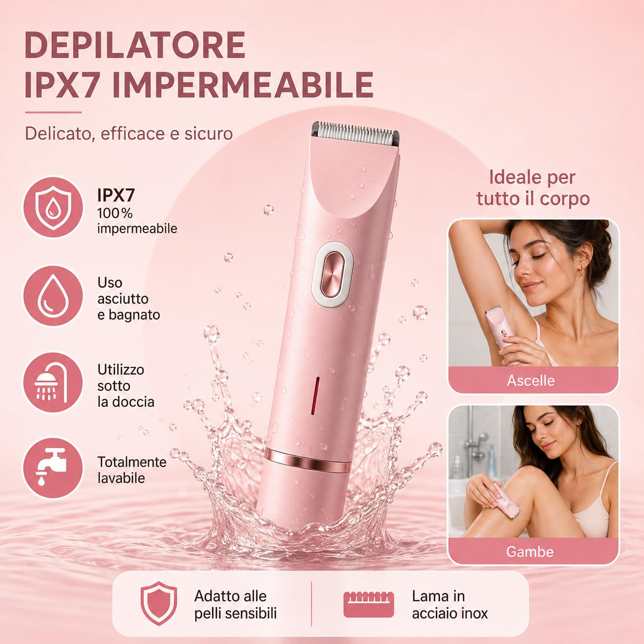 Rasoio Elettrico Donna 2 in 1, Rasoio Donna Parti Intime con Doppia Testina, Depilatore Bikini IPX7 Impermeabile per Zona Bikini, Ascelle, Gambe, Viso e Corpo, Rosa (Blu)
