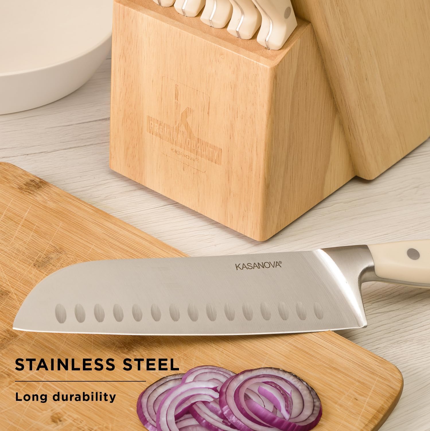 KASANOVA Block Knife Set, 14pcs, Ultra-sharp Cutlery Knife Set with Stainless steel blades for precise cutting, Full tang blade, Cream