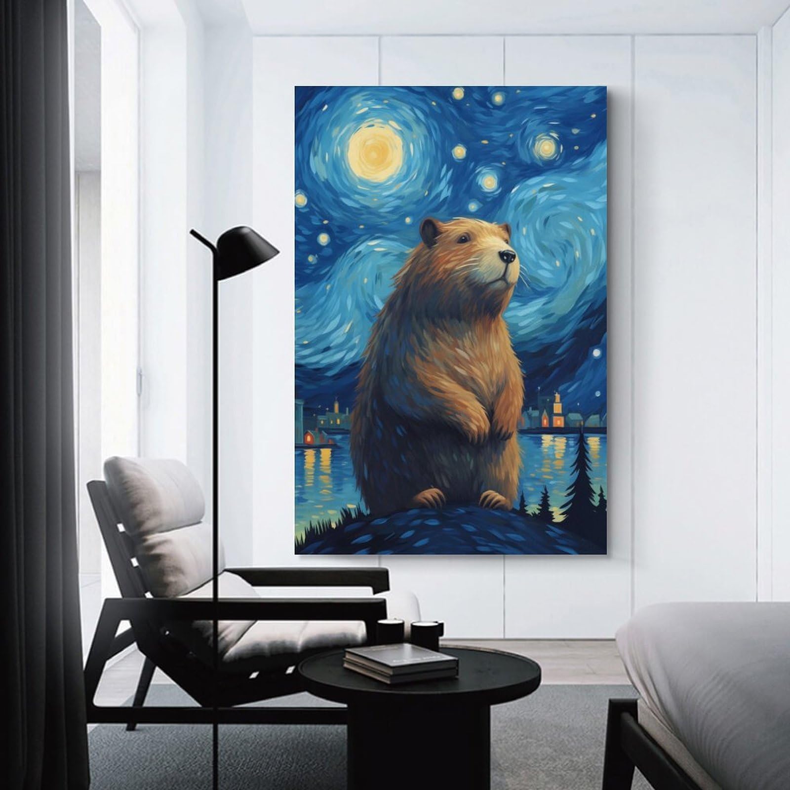 Junmoney Unframe-Starry Night Capybara Canvas Wall Decor Starry Night Capybara, 24X36inch(60X90cm), For Flats, Guest Rooms Or Compact Rooms, Wall Decor With Flexible Room Appeal