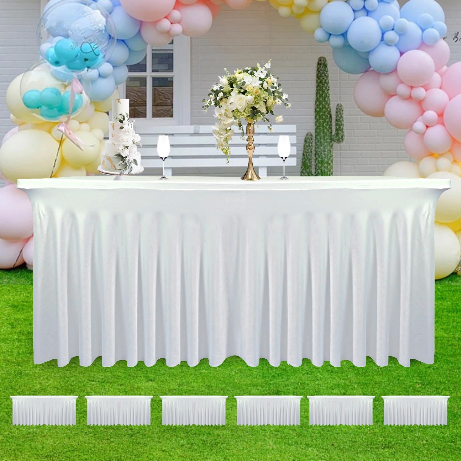 6-Pack 72''L x 30''W x 30''H White Stretch Spandex Table Skirts for 6-Foot Rectangle Tables | Wrinkle-Resistant, Washable Fitted Tablecloths with Skirt for Parties, Banquets, and Birthdays