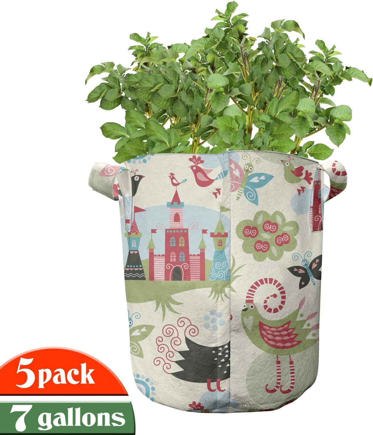 Lunarable Fantasy Grow Bags 5-Pack, Cartoon Castle, Heavyduty Fabric Pots with Handles for Plants, Multicolor