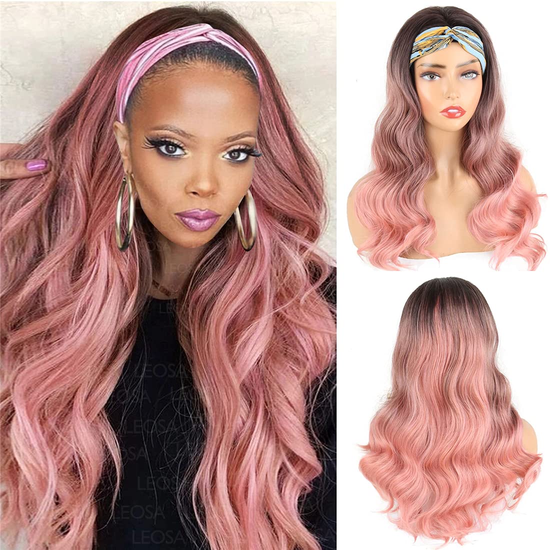 Ombre Black Pink Headband Wigs 24" Synthetic Long Body Wavy Glueless Wigs 3/4 Half Head Hairpiece Wigs for Women Girls