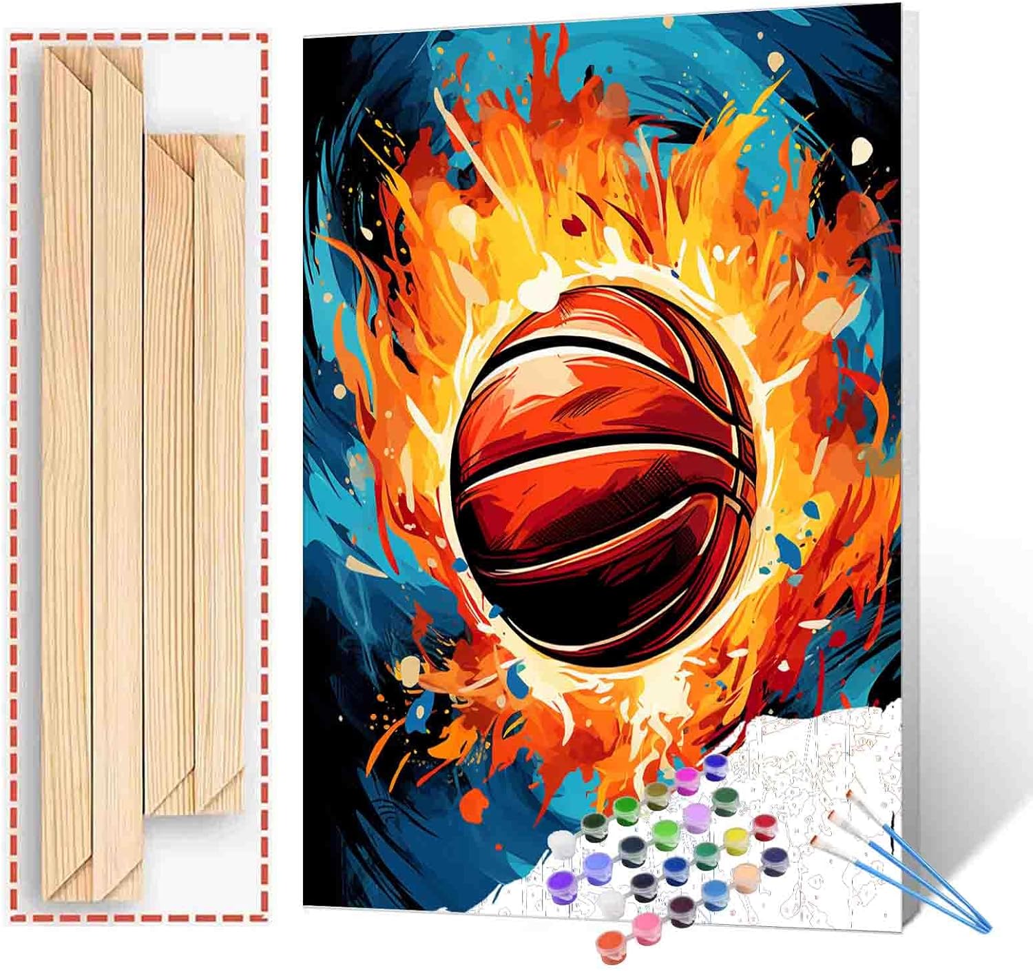 Basketball on Red FirePaint by Bumbers for Adults Beginner Graffitic Ball Sports DIY Paintworks Acrylic Paint Canvas Girls Bedroom Home Decor Pop Art Painting Kits Art 16x20 Inch Gift（DIY Frame ）