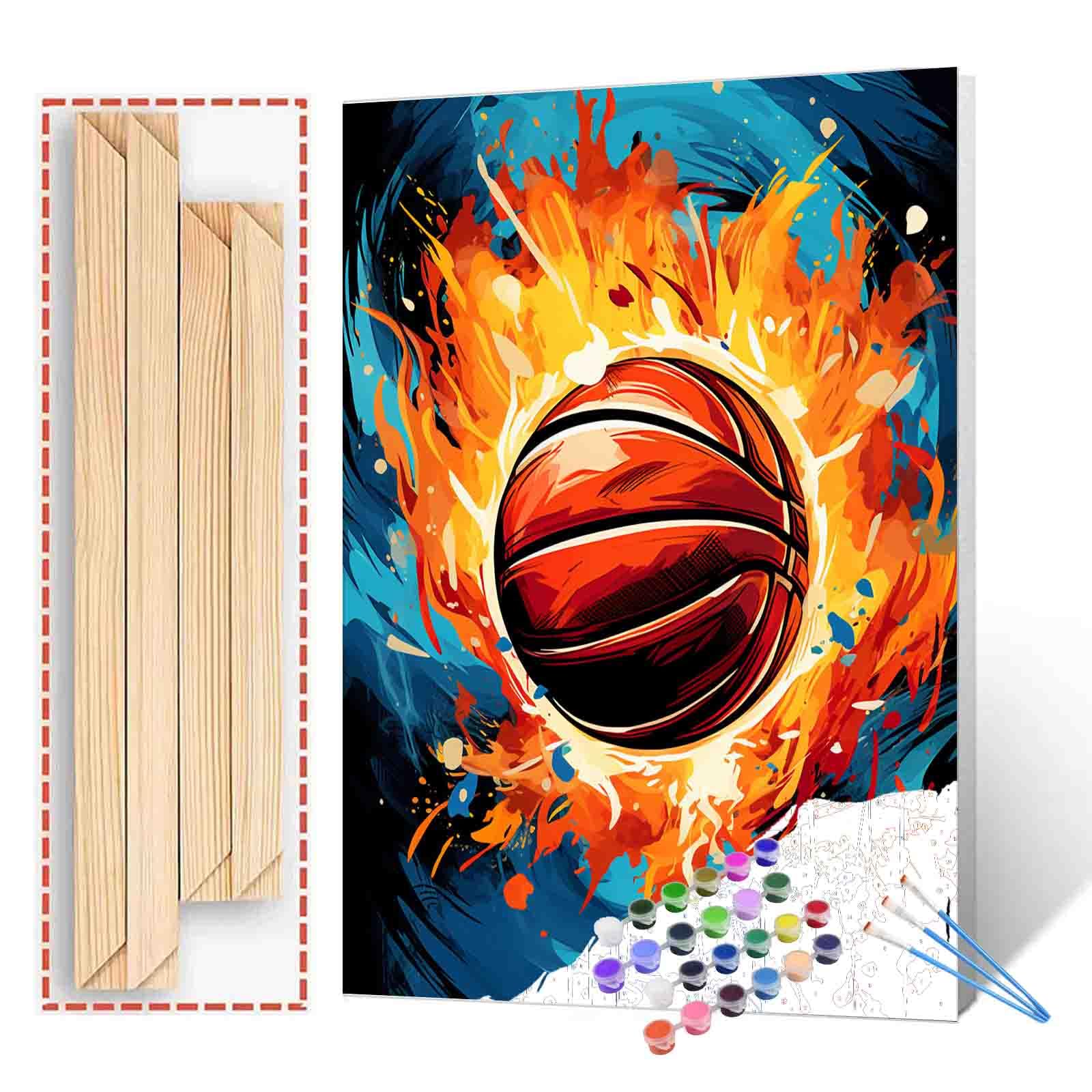 Basketball on Red FirePaint by Bumbers for Adults Beginner Graffitic Ball Sports DIY Paintworks Acrylic Paint Canvas Girls Bedroom Home Decor Pop Art Painting Kits Art 16x20 Inch Gift（DIY Frame ）