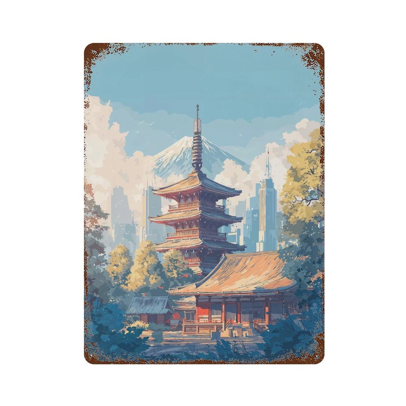 Distressed Metal Wall Sign Japanese Temple with Mount Fuji Backdrop 15.7"x11.8", Old School Wall Decor for Bistro, Counter And Cafe Decor
