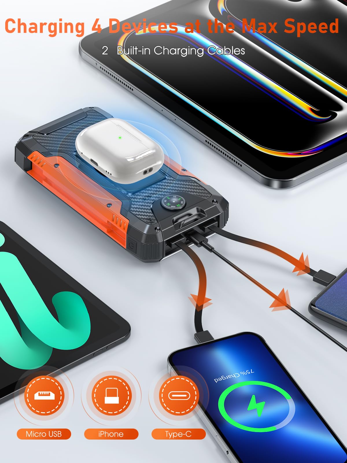 Power Bank Solare 26800mAh Con 30W PD, 6 Uscite E Ricarica Wireless – Impermeabile Con Torcia LED
