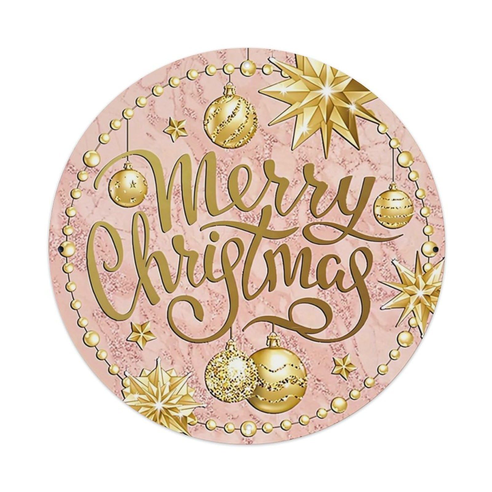 Merry Christmas Gold Stars Ornaments Round Metal Tin Sign Vintage Wall Decor, Bar Garage Cafe Kitchen Home Wall Art Poster 8x8inches