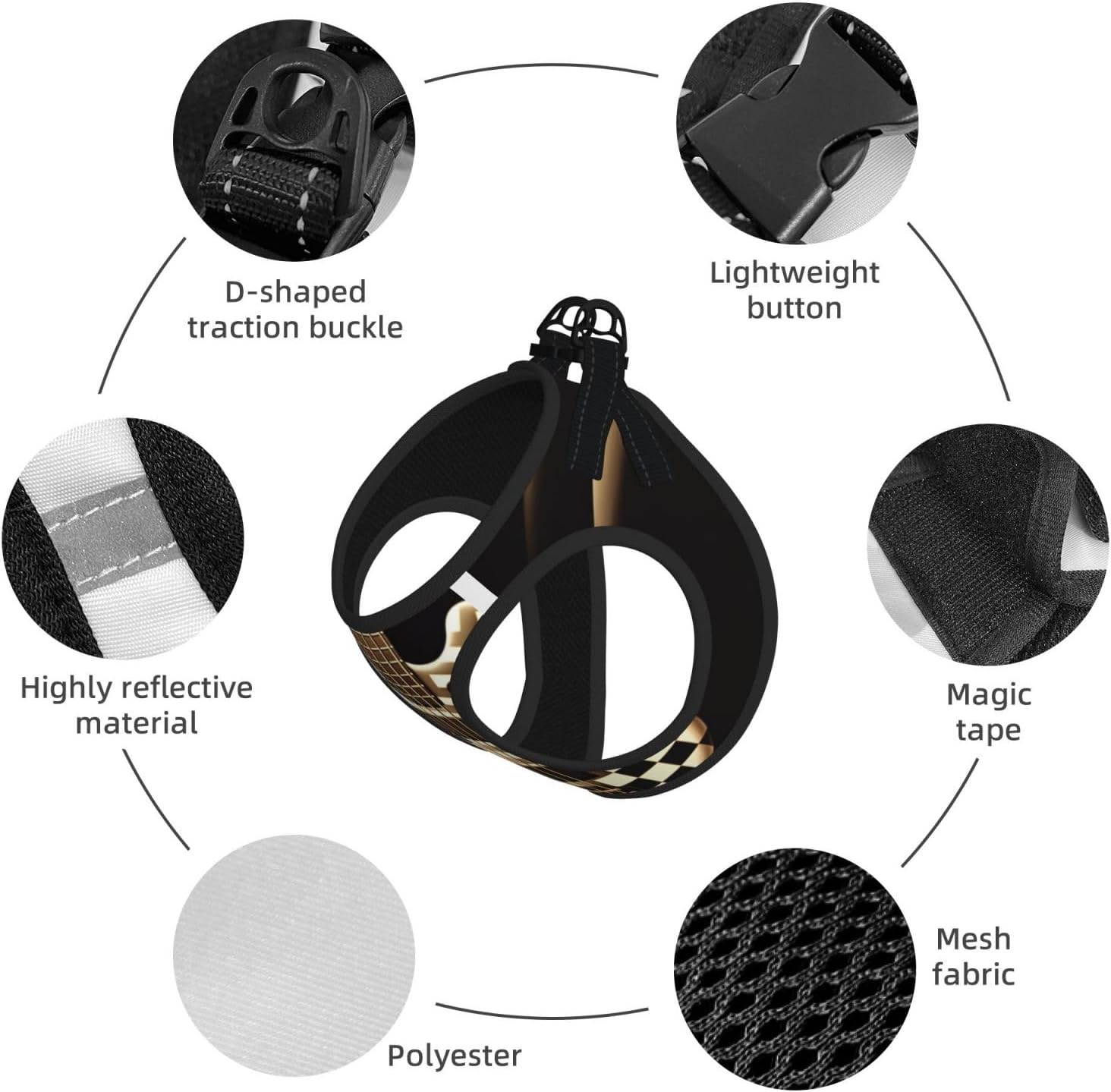 Chessboard Background, bass Pet Vest Small Size Dog Harness and Leash Set for Training, Reflective & Adjustable with Accessories Medium