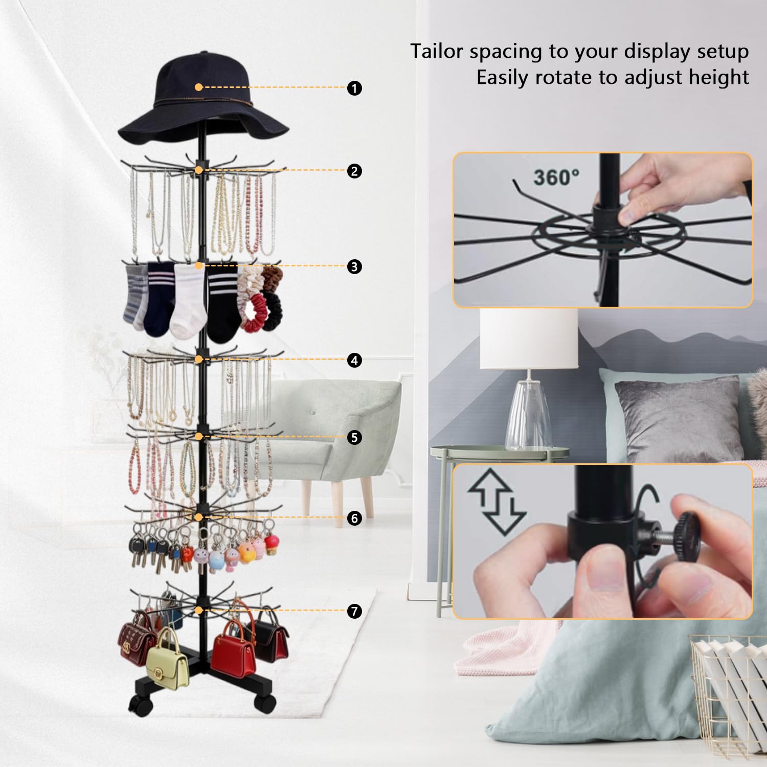 Expositor giratorio de 7 niveles, soporte de metal multifuncional con ganchos, soporte de gancho ajustable para colgar en sombreros, calcetines, cuerdas para el pelo, joyas, bolsos