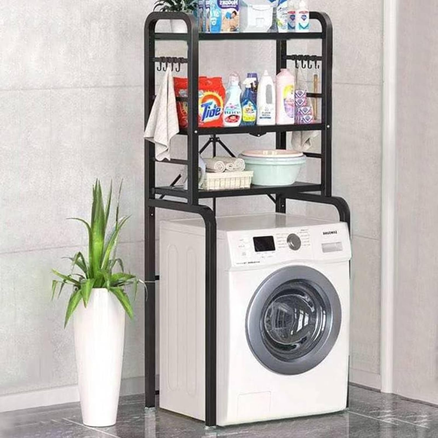 GStorm Foldable Washing Machine Storage Rack,Over Toilet Storage Shelf Bathroom,Space Saver,for Laundry Room Shelving Unit Space Plant Living Room (Black)