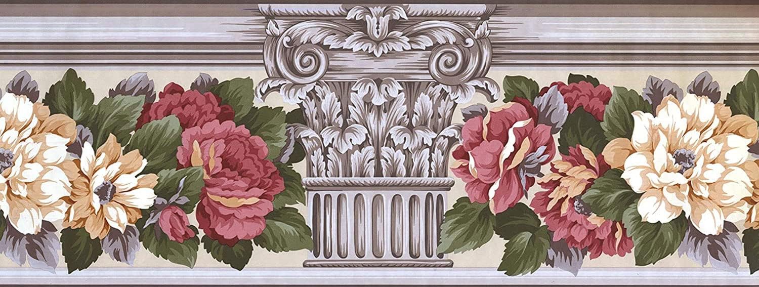 CONCORD WALLCOVERINGS ™ Wallpaper Border Vintage Pattern Flowers Ancient Columns for Bedroom Living Room, Gray Red Yellow Green, 15 Feet by 9 Inches AB523B