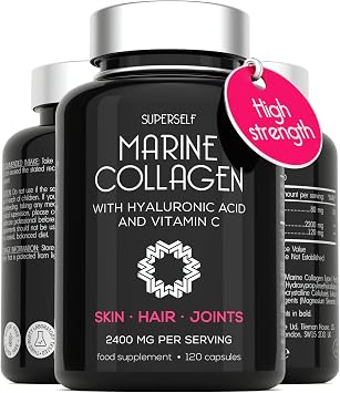 Marine Collagen Capsules 2200mg - with Hyaluronic Acid & Vitamin C - High Strength Complex for Skin Hair Support - Premium Type 1 Peptides - Collagen Supplements for Women & Men - 120 Capsules