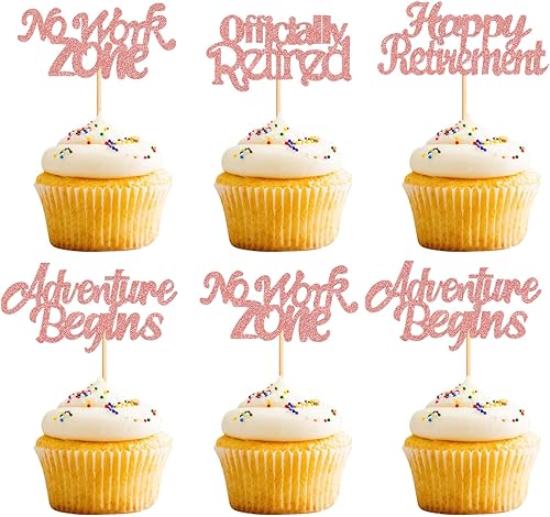 24 adornos para cupcakes de jubilación oficialmente jubilados sin zona de trabajo, aventura comienza, selecciones de cupcakes, tema de jubilación,
