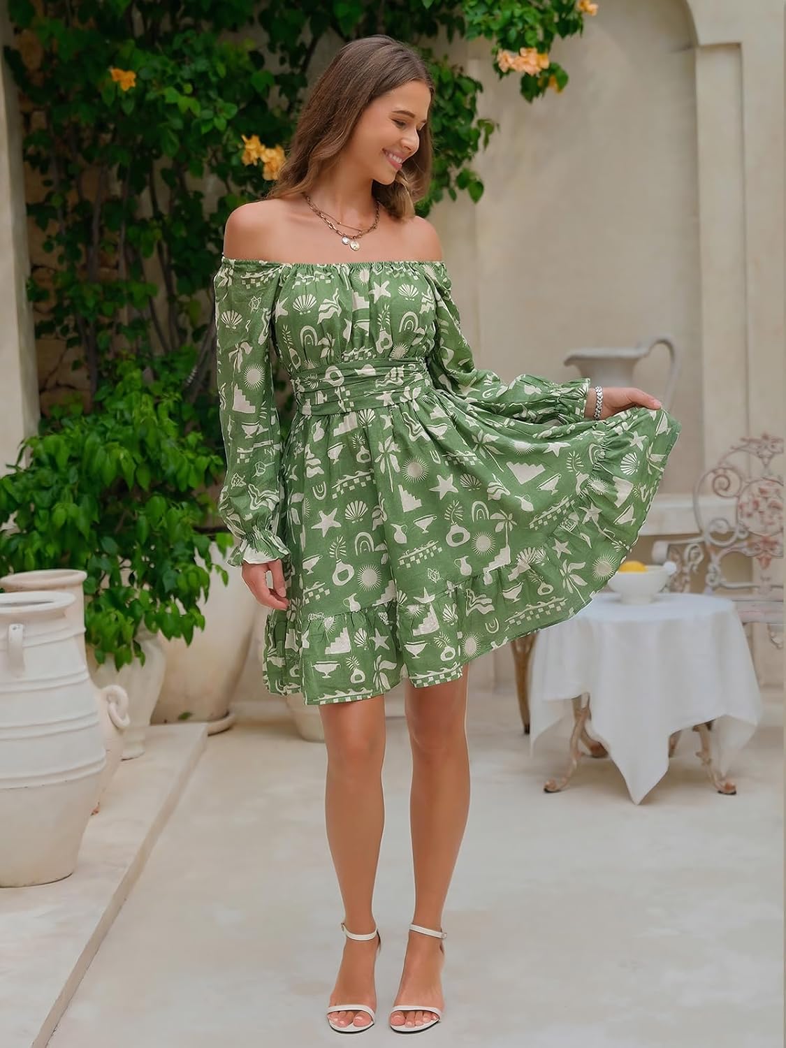 EXLURA Women's 2026 Casual Long Lantern Sleeve Dresses Square Neck Ruffle Tie Back Elastic Waist Aline Short Mini Dress - Image 3