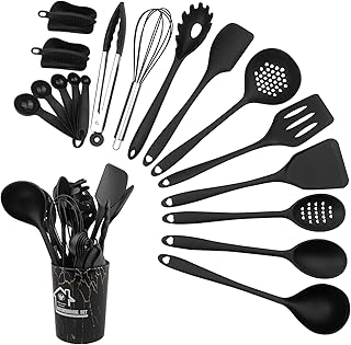 Ustensiles de Cuisine(18Pcs), Silicone Ensemble Avec Pot de Rangement, Kitchenware Ustensile Set, Kitchen Utensils Kit Noir, Antiadhésive Anti-Rayures et Résistante à La Chaleur