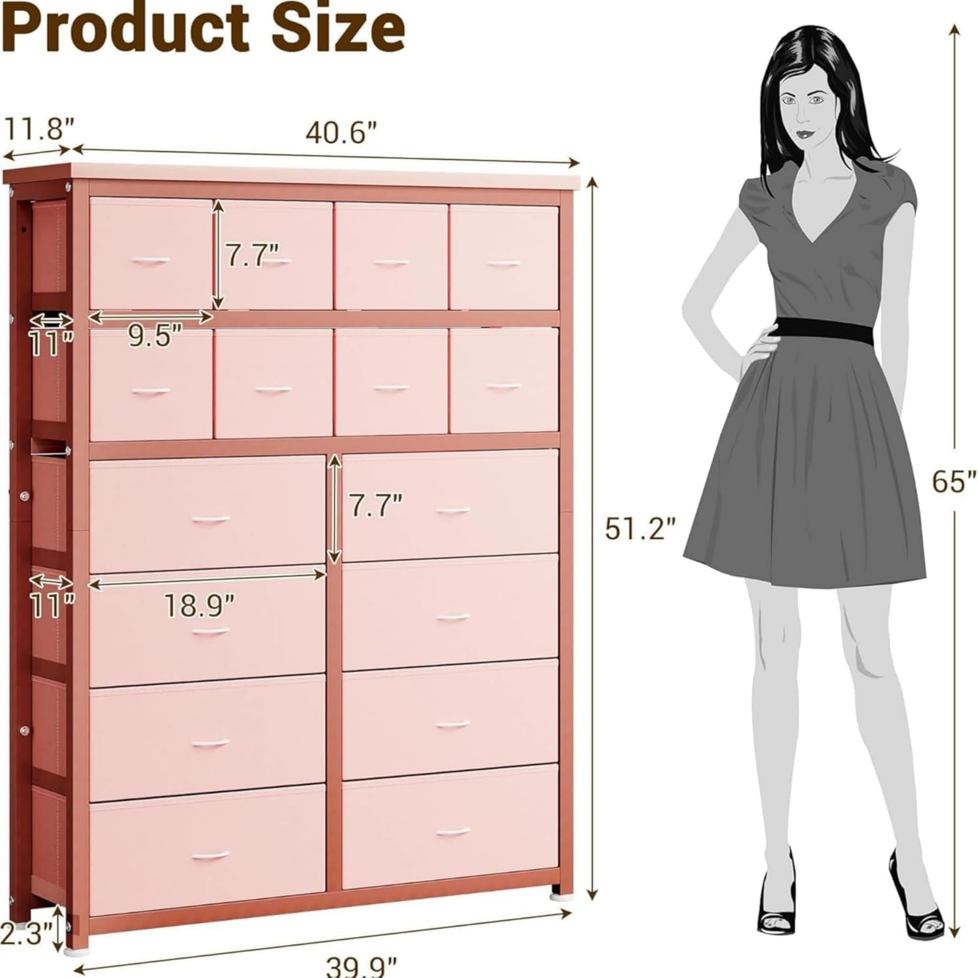 Cómoda alta rosa para dormitorio adulto, 16 cajones de tela con almacenamiento espacioso para ropa y accesorios, armario de almacenamiento vertical para dormitorio pequeño (rosa)