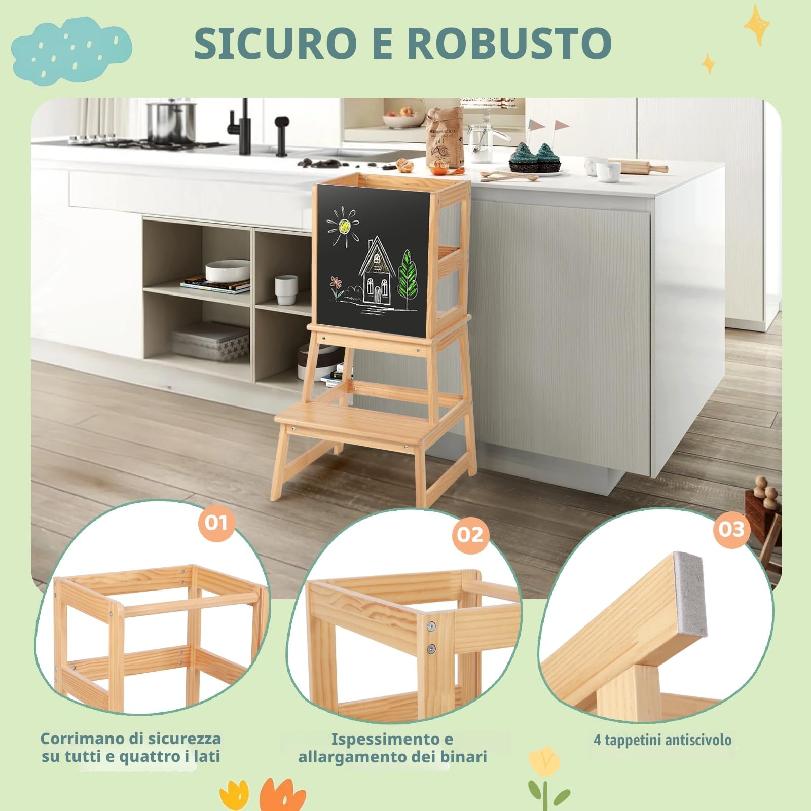 Torre Montessoriana per Bambini con Lavagna e Sbarra di Sicurezza, Sgabello Estraibile per Adulti, Naturale