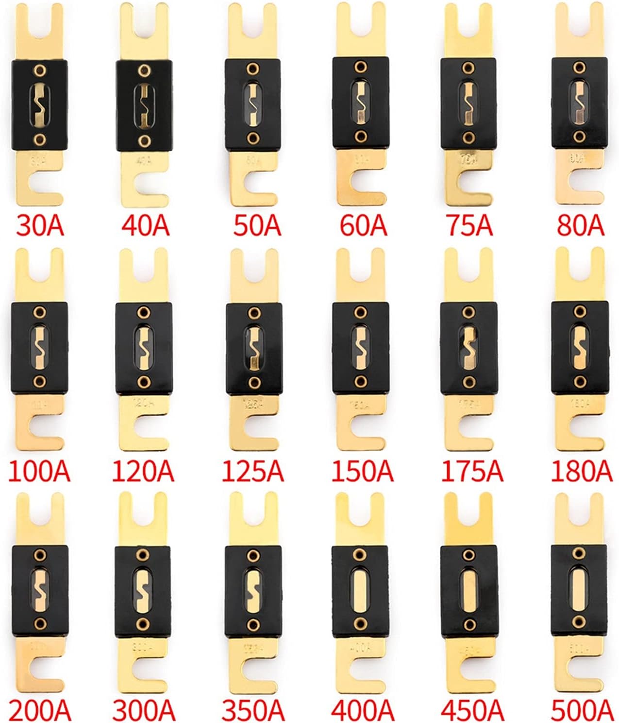 Fuse 30A-500A AMP Gold Plated Blade Fuses 2PCS Connector(40A)