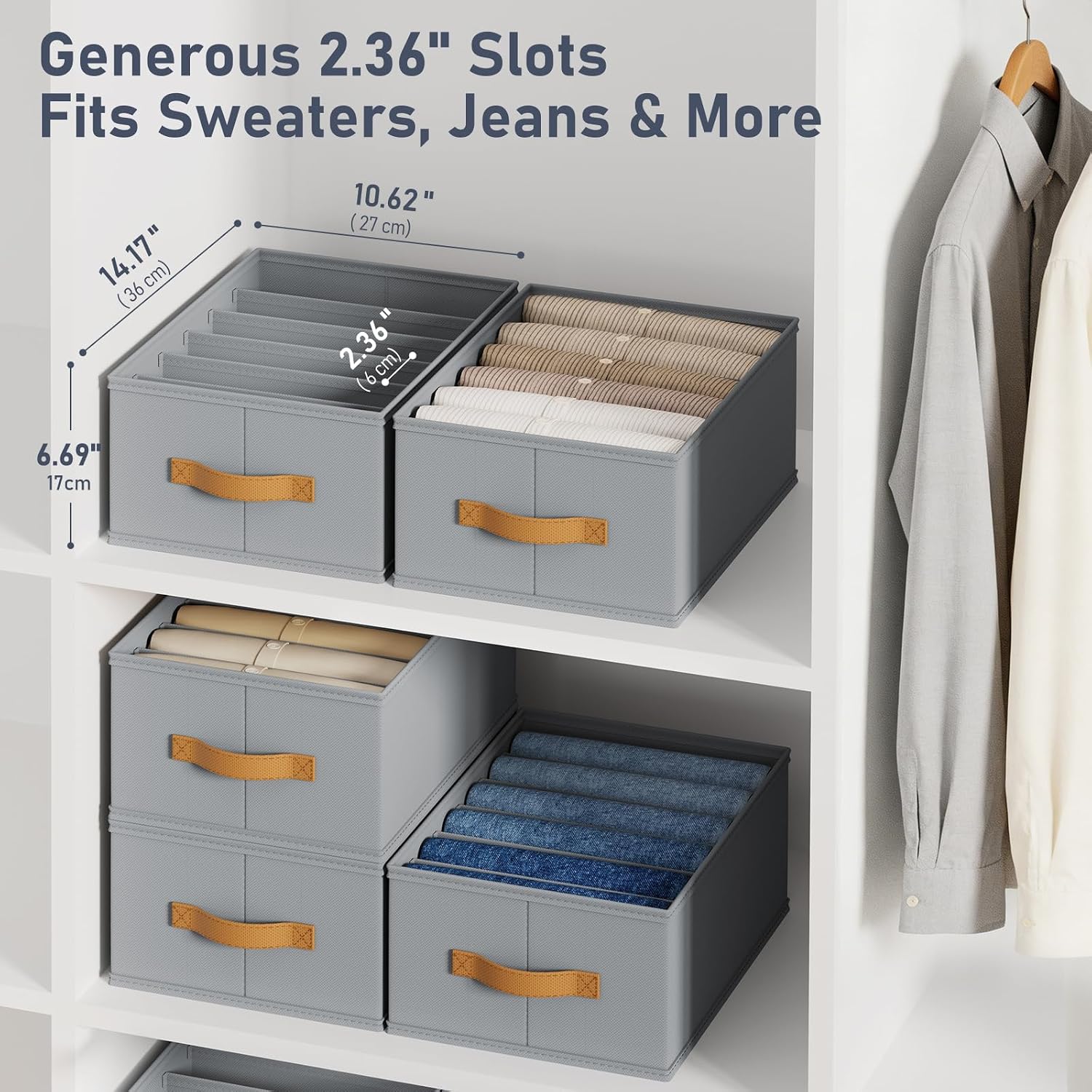 DIMJ Wardrobe Clothes Organizer - Foldable Closet Drawer Organizer Dividers for Jeans, Pants, Sweater, T Shirt, Storage Bins with Handles for Shelf