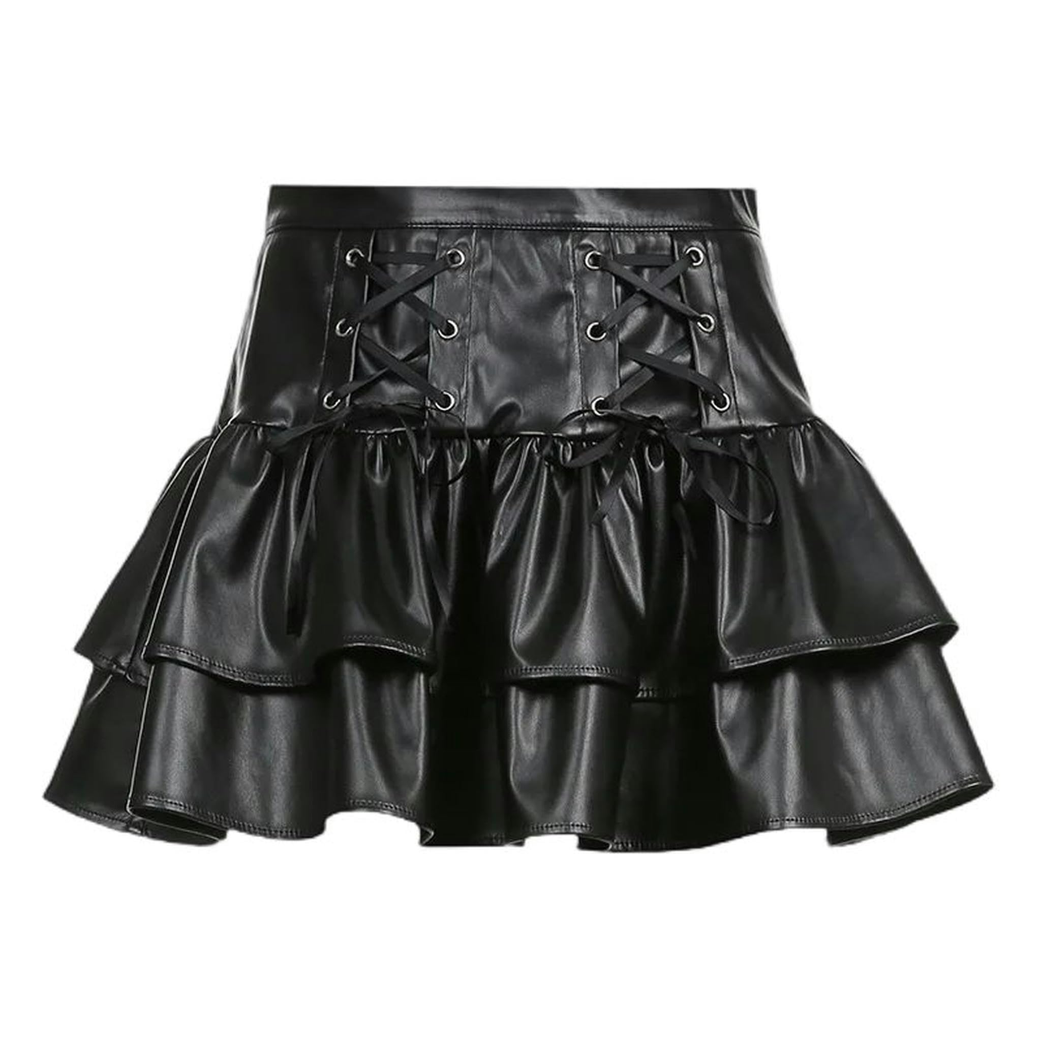 Jupe plissée noire en simili cuir extensible avec laçage réglable pour affiner la silhouette
