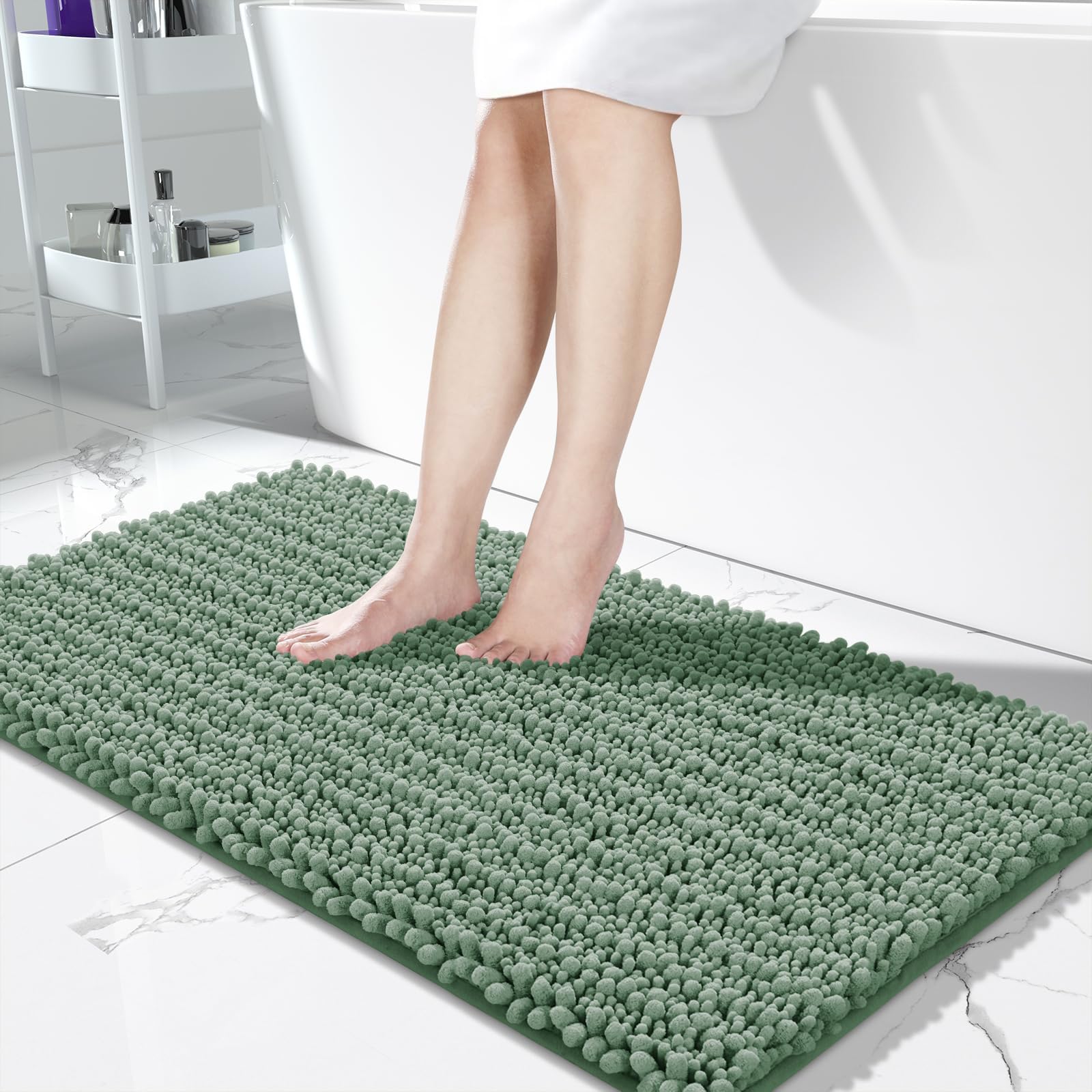 Yimobra Bathroom Runner Rug 55x24 Inch - Extra Long Non Slip Chenille Bath Mat, Soft & Absorbent, Machine Washable Shaggy Hallway Carpet for Vanity Tub Shower, Green Home Decor Accessories