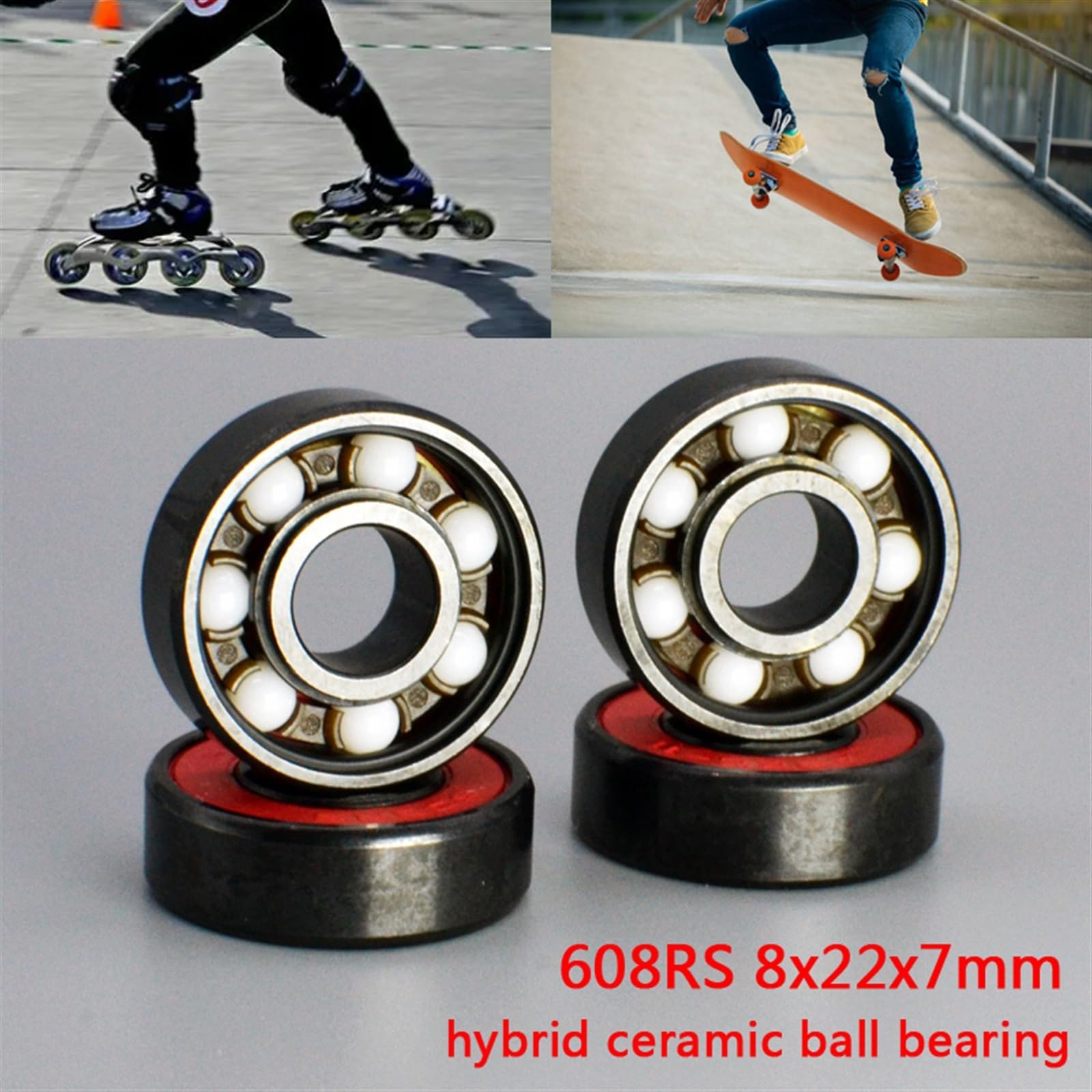 Lot de 8 roulements à billes haute vitesse 608RS 8 x 22 x 7 8 x 22 x 7 mm, roulements à billes en céramique hybrides, roulements de roue de skateboard en acier ABEC-11