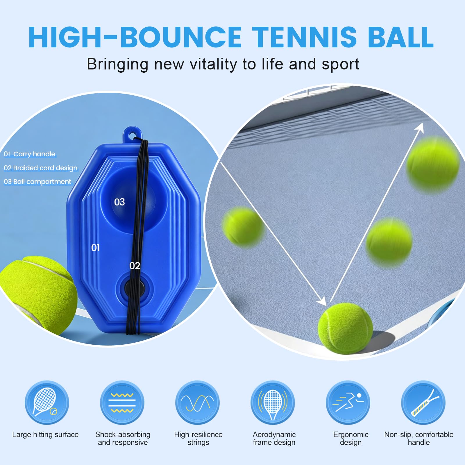 Set di trainer da tennis, attrezzatura da rimbalzo del tennis con palline, racchette e borsa per i principianti giocatori bambini adulti di età superiore ai 3 di 3 anni