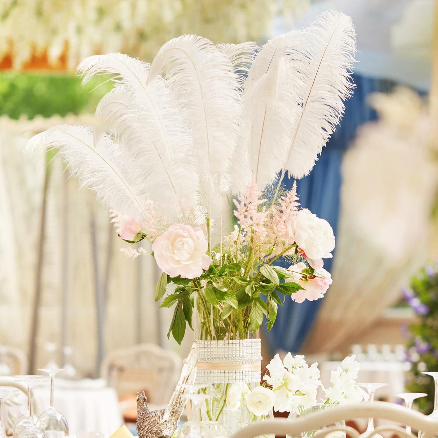 Tigeen 100 Set Ostrich Feathers Bulk 12-14 Inch,10-12 Inch 100 Natural Feathers for Vase with 100 Sticks and Tape Making Kit for DIY Wedding Floral Arrangement Party Centerpiece Decor(White)