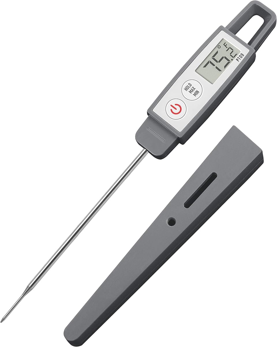 PT09 Super-Quick Commercial Grade Digital Thermometer for Cooking, Meat, Candy, Candle, Liquid, Oil, 4.5" Compact Probe, Splash Proof, °C/°F Toggle, Hold Function - Sesame