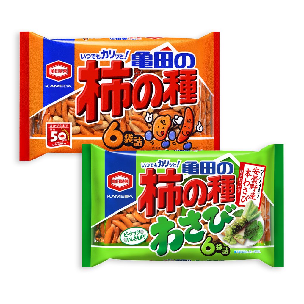 Normal and Wasabi Flavor Set of Kameda Kakinotane Rice Cracker with Peanuts 6 packs: total 200g (7.05oz) + 182g (6.4oz) (Ninjapo Wrapping)