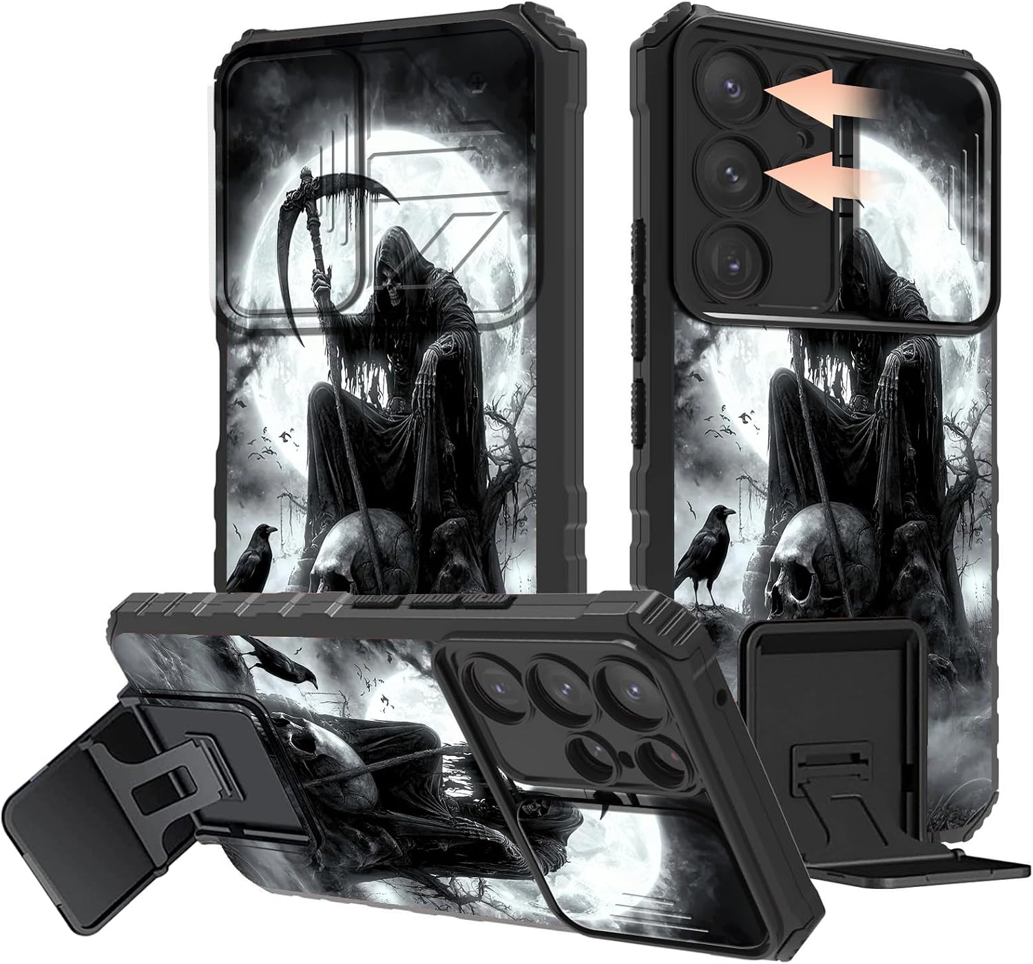 for Samsung Galaxy S25 Ultra Phone Case with Slide Camera Cover & Kickstand Dual Layer Hybrid TPU Bumper Shockproof Protective Cover Case for Samsung S25 Ultra 5G 6.9 inch 2025, Grim Skulls Reaper