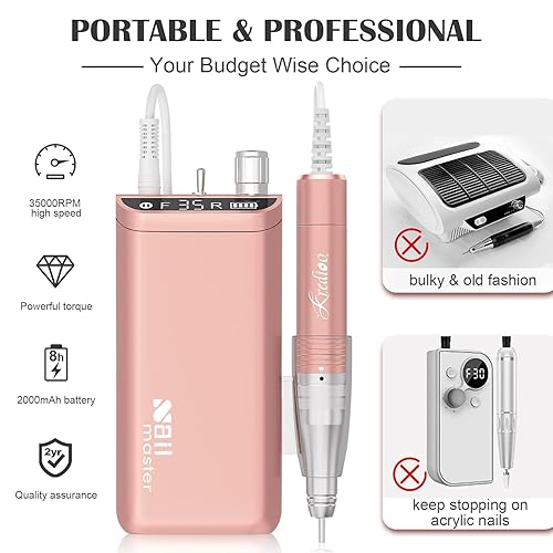 Miniatura 2 de Kredioo Taladro de uñas, taladro de uñas para uñas acrílicas profesionales, máquina de archivo eléctrica de 35000 RPM, recargable, portátil, con 10