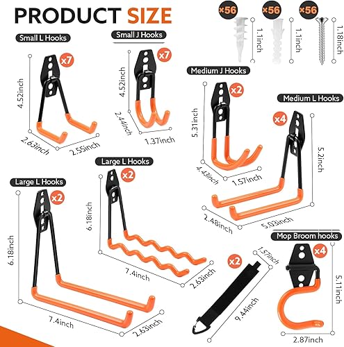 Miniatura 3 de Paquete de 12 ganchos de garaje dobles resistentes con 2 correas de almacenamiento de cable de extensión, regalos para papá, regalos de herramientas