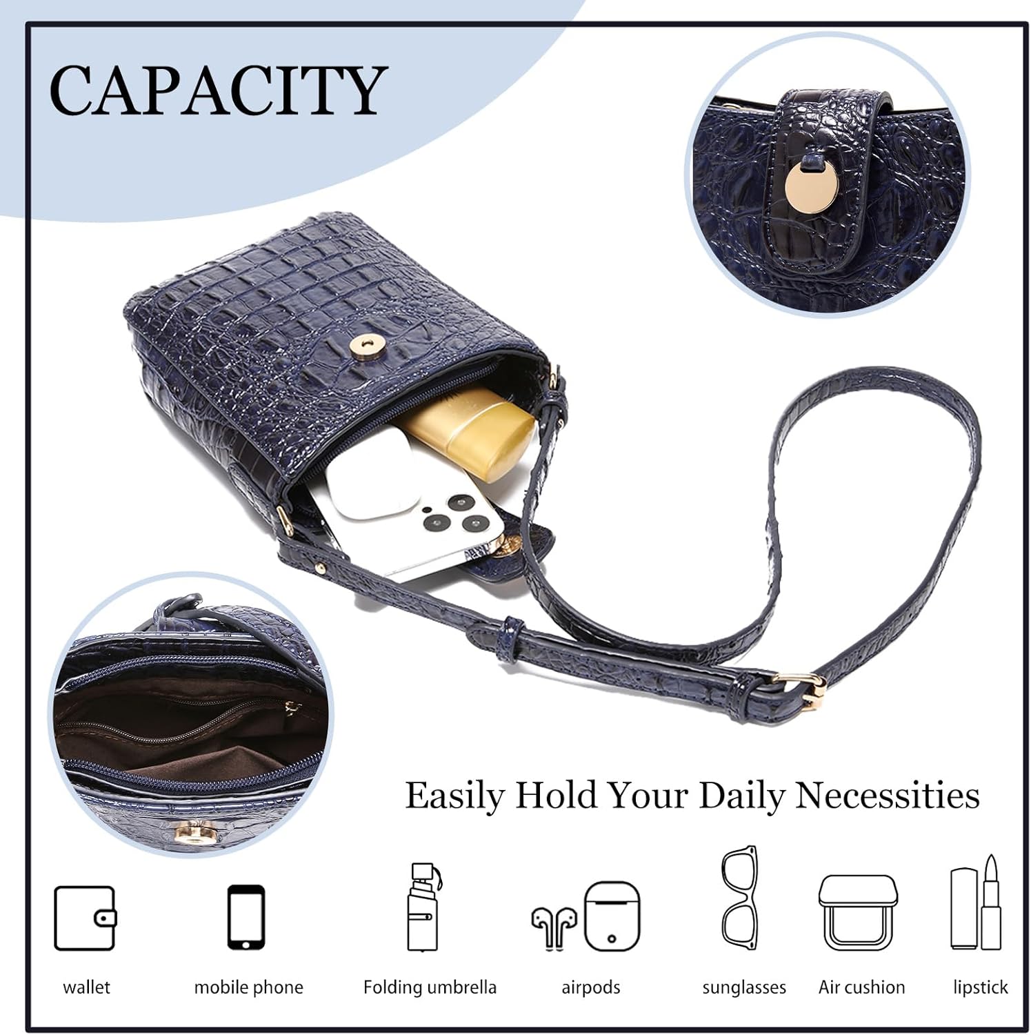 Crocodile Embossed Small Crossbody Bag Fashionable Magnetic Buckle Decoration Shoulder Women's Luxury Wallet - Image 5