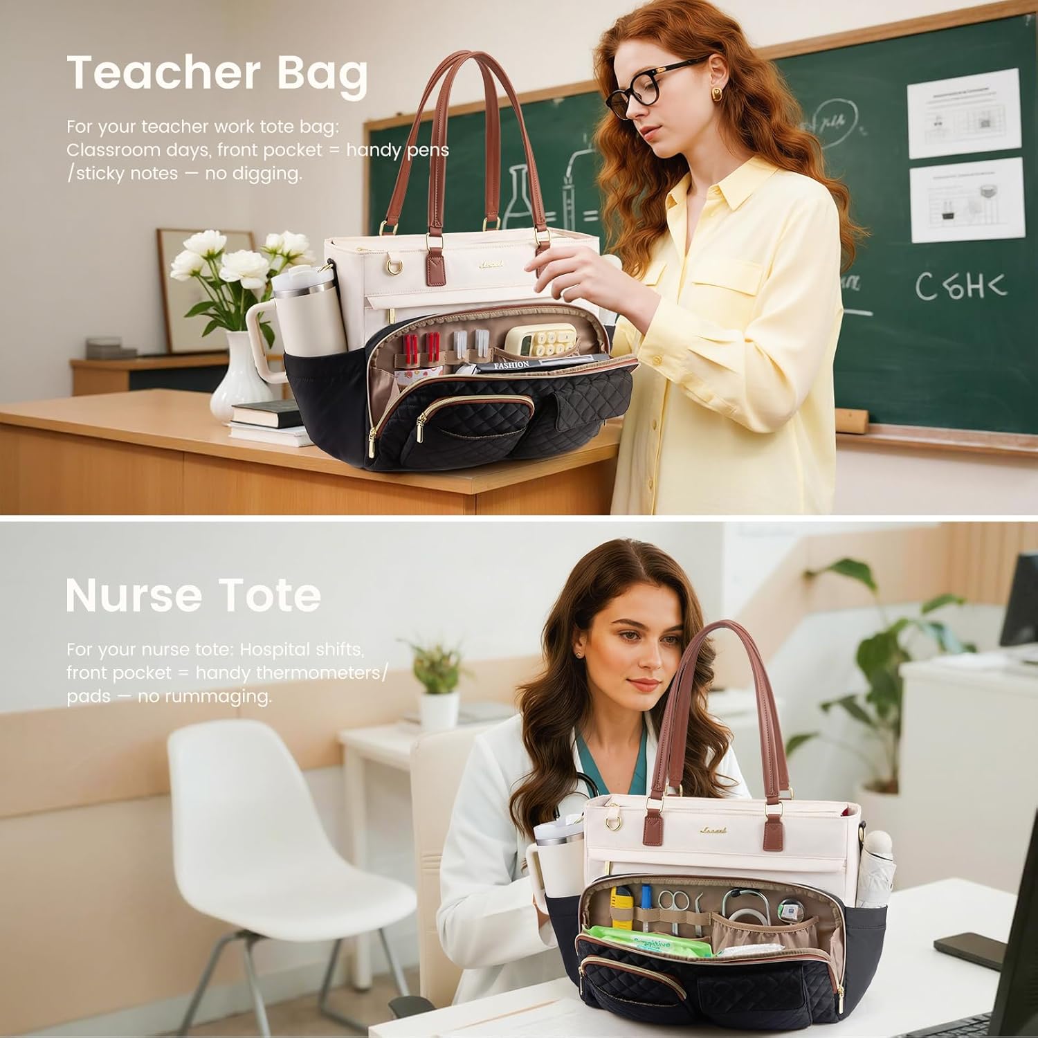 LOVEVOOK Lunch Tote Bag for Women, Work Bags with Insulated Lunch Compartment, 15.6 Inch Laptop Bag with Large Cup Holder, Teacher Nurse Tote Handbag with Multi Pockets for College, Office, Travel