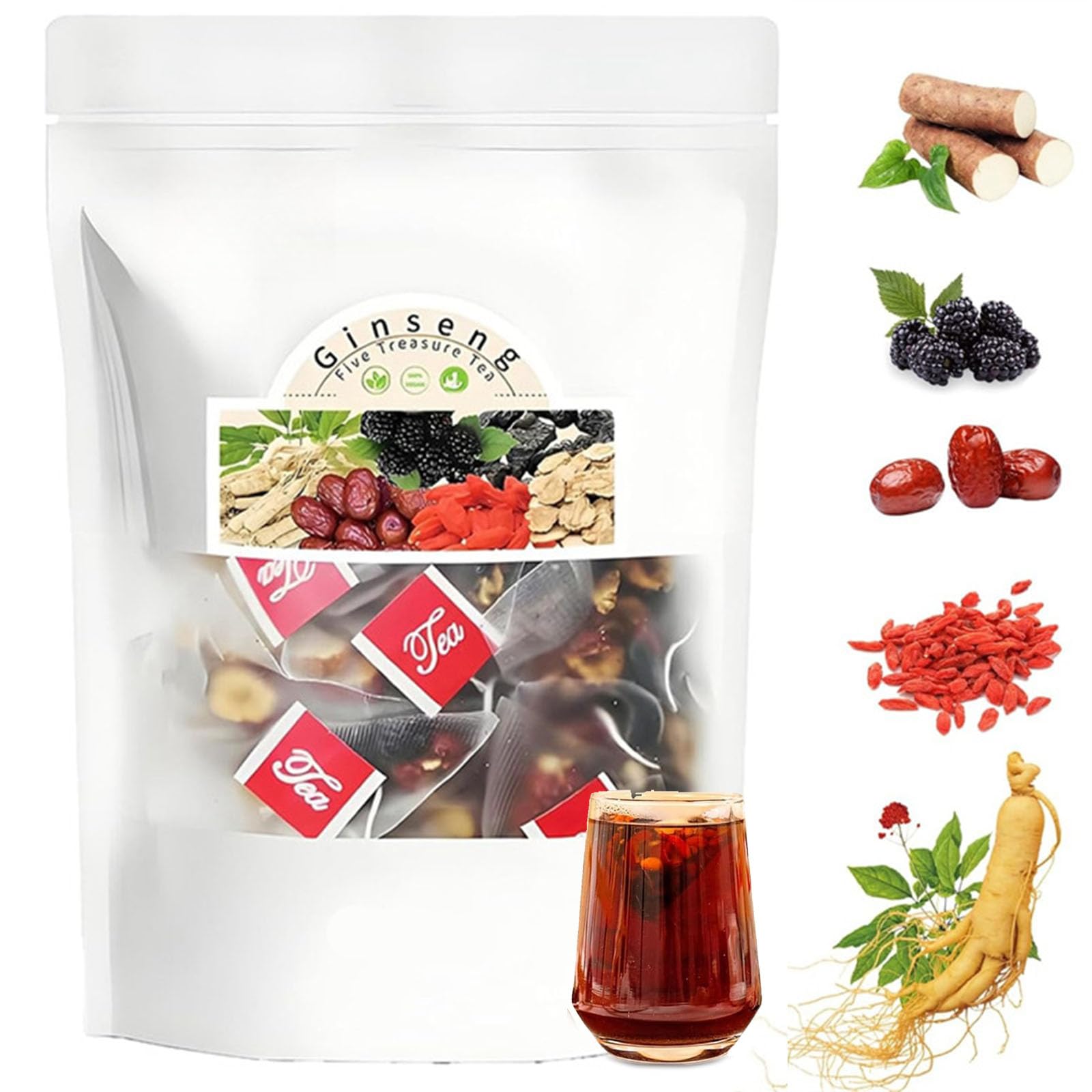 Kidney Tea Formula Ginseng Five Treasure, 20 Bags Ginseng Treasures Tea, Natural and Organic Ingredients (1Set)