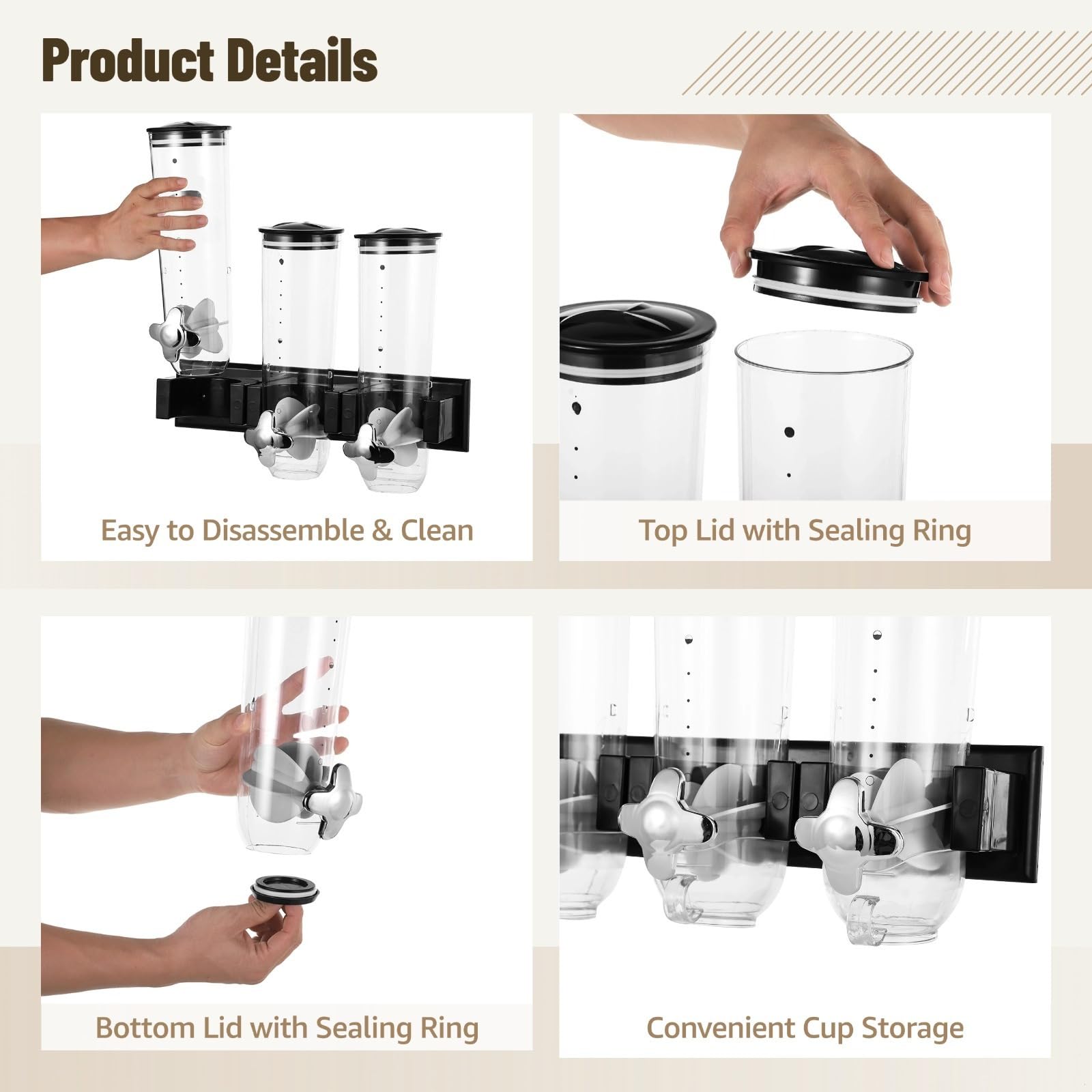 Dispenser da parete a 3 teste per cereali e alimenti secchi, contenitore trasparente da 4,5 l per snack, chicchi di caffè e cereali, soluzione salvaspazio da cucina